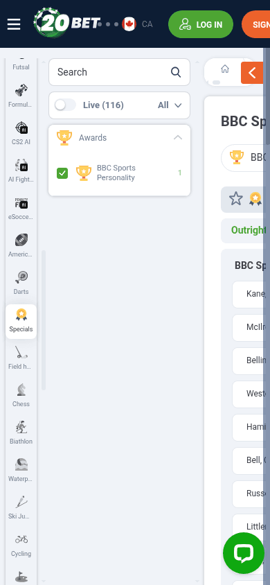 20Bet mobile view
