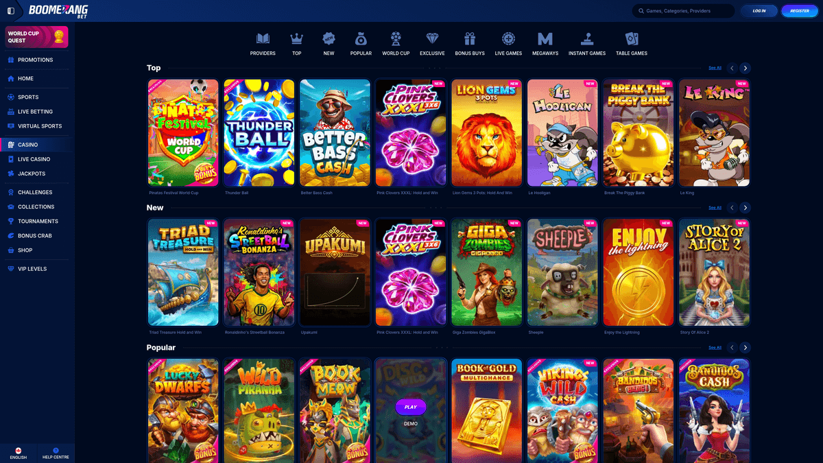 Boomerang Bet casino lobby